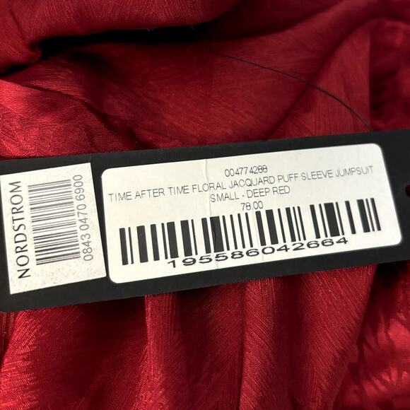 NWT Lulus Time After Time Jumpsuit Women's Size S Deep Red Jacquard Puff Sleeve - Picture 9 of 9